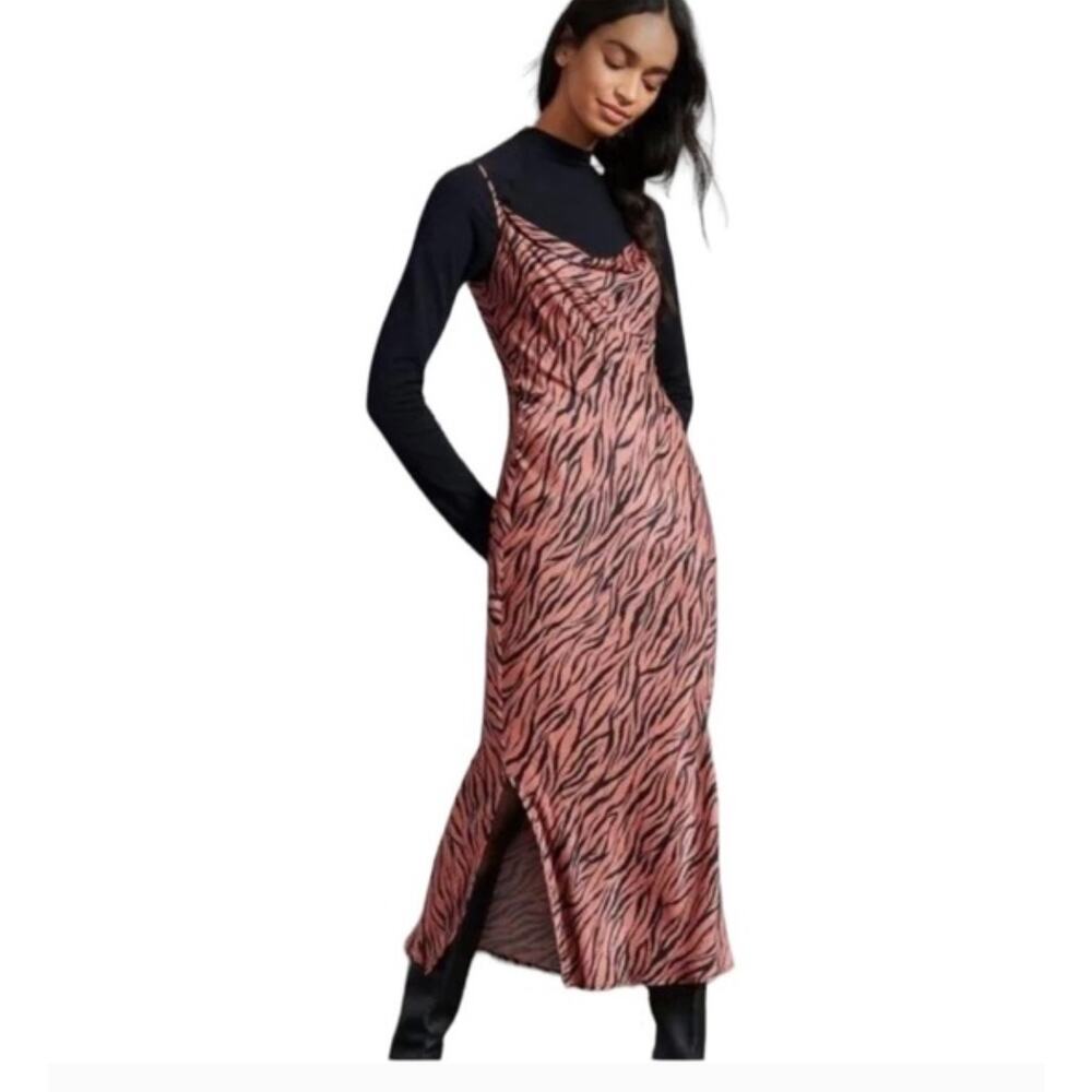 ANTHROPOLOGIE‎ Elyse Tiger Animal Print Slip Midi Dress Women's Size MP NWT
